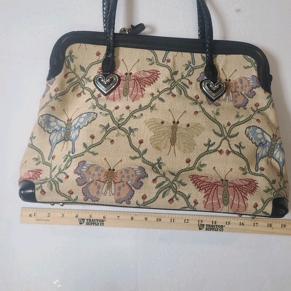 Brighton Butterfly Tapestry Satchel Bag Leather Trim Heart Charms Rare Large - Picture 3 of 13